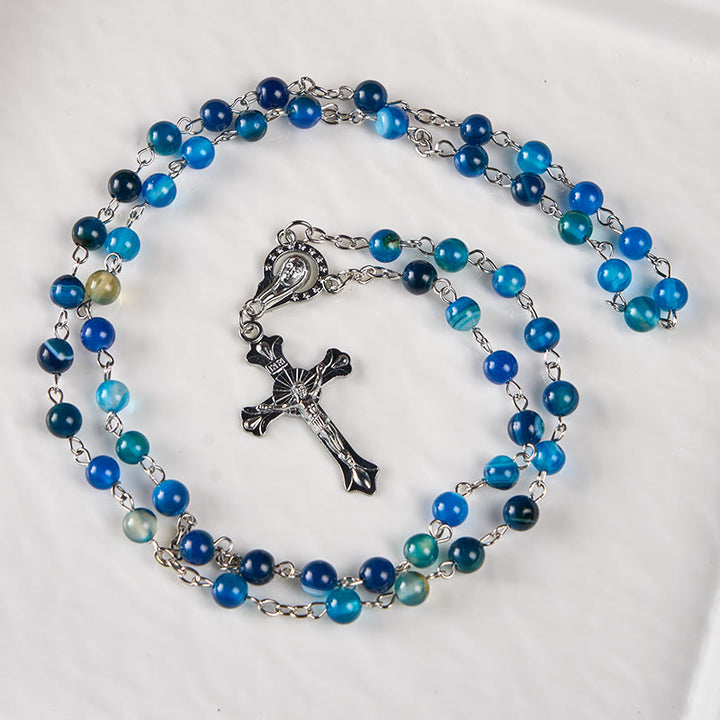 FREE Today: Our Lady of Rosary & Crucifix of 6 mm Round Blue Agate Alloy Chain Rosary