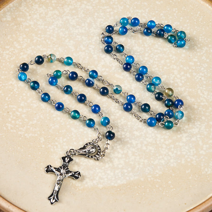 FREE Today: Our Lady of Rosary & Crucifix of 6 mm Round Blue Agate Alloy Chain Rosary