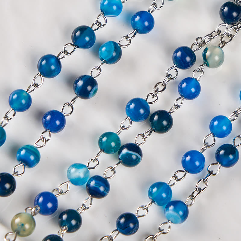 FREE Today: Our Lady of Rosary & Crucifix of 6 mm Round Blue Agate Alloy Chain Rosary