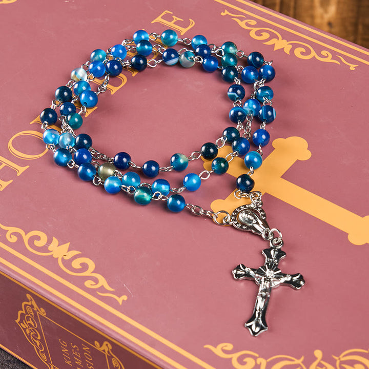 FREE Today: Our Lady of Rosary & Crucifix of 6 mm Round Blue Agate Alloy Chain Rosary