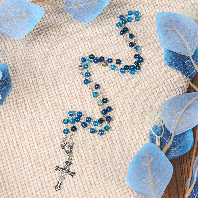 FREE Today: Our Lady of Rosary & Crucifix of 6 mm Round Blue Agate Alloy Chain Rosary