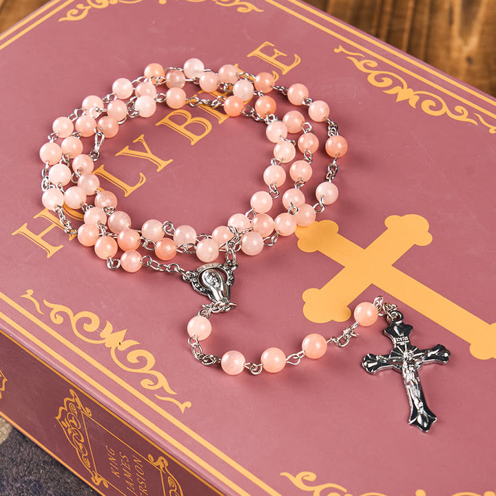 FREE Today: Our Lady of Rosary & Crucifix of 6 mm Round Pink Agate Alloy Chain Rosary