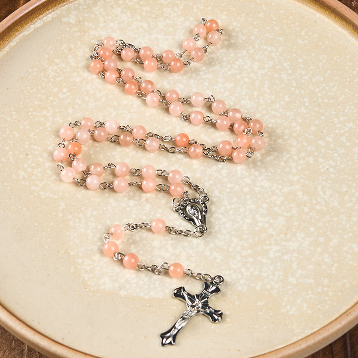 FREE Today: Our Lady of Rosary & Crucifix of 6 mm Round Pink Agate Alloy Chain Rosary