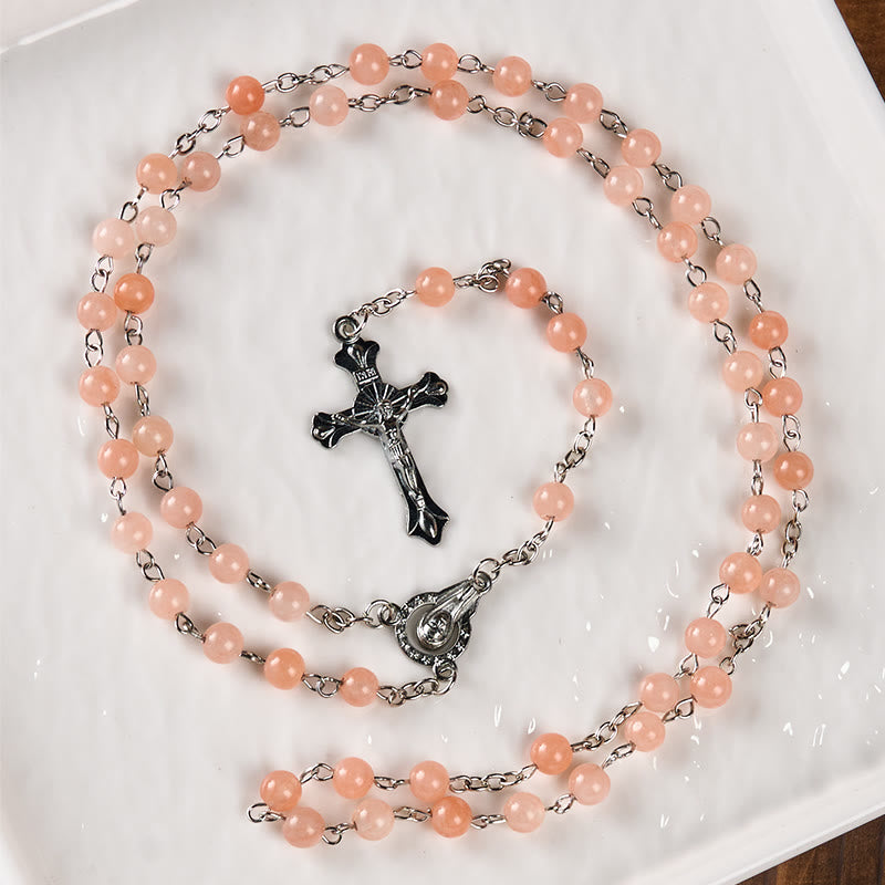 FREE Today: Our Lady of Rosary & Crucifix of 6 mm Round Pink Agate Alloy Chain Rosary