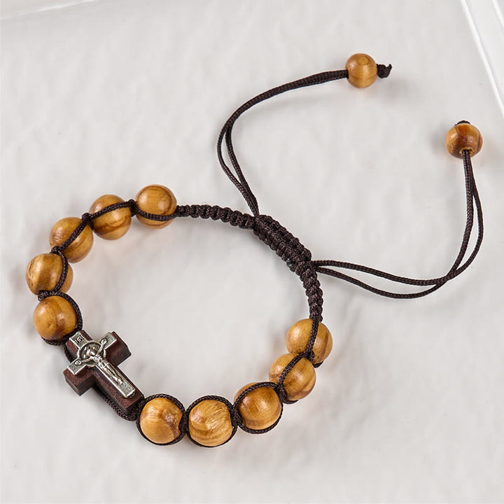 FREE Today: Jesus Bless Us Crucifix Round Beads Wenge/Pine Wooden Bracelet