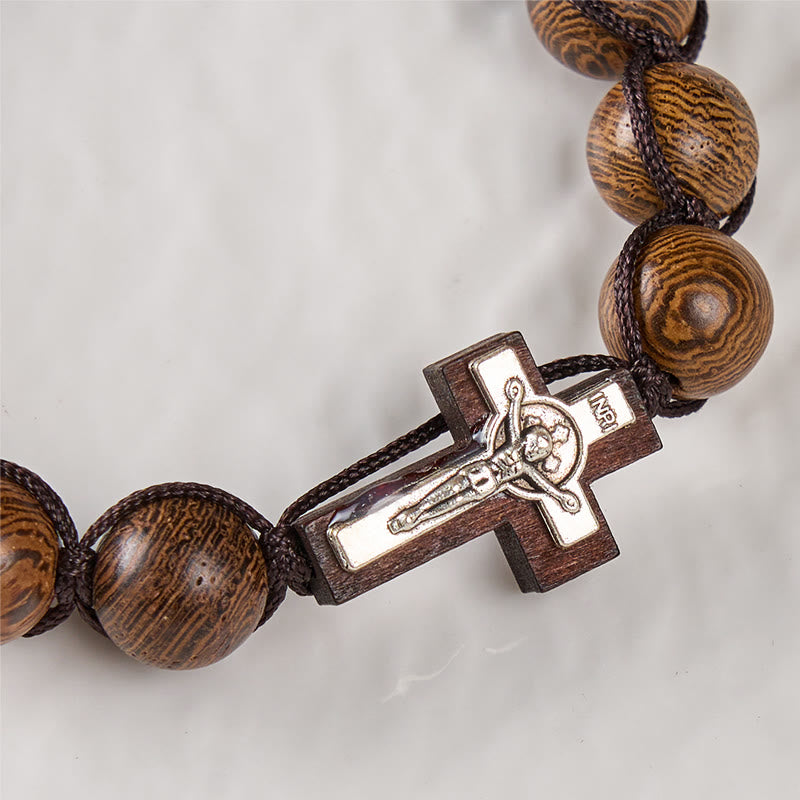 FREE Today: Jesus Bless Us Crucifix Round Beads Wenge/Pine Wooden Bracelet