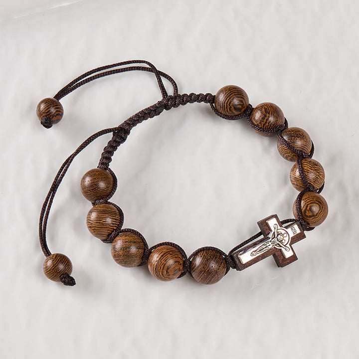 FREE Today: Jesus Bless Us Crucifix Round Beads Wenge/Pine Wooden Bracelet