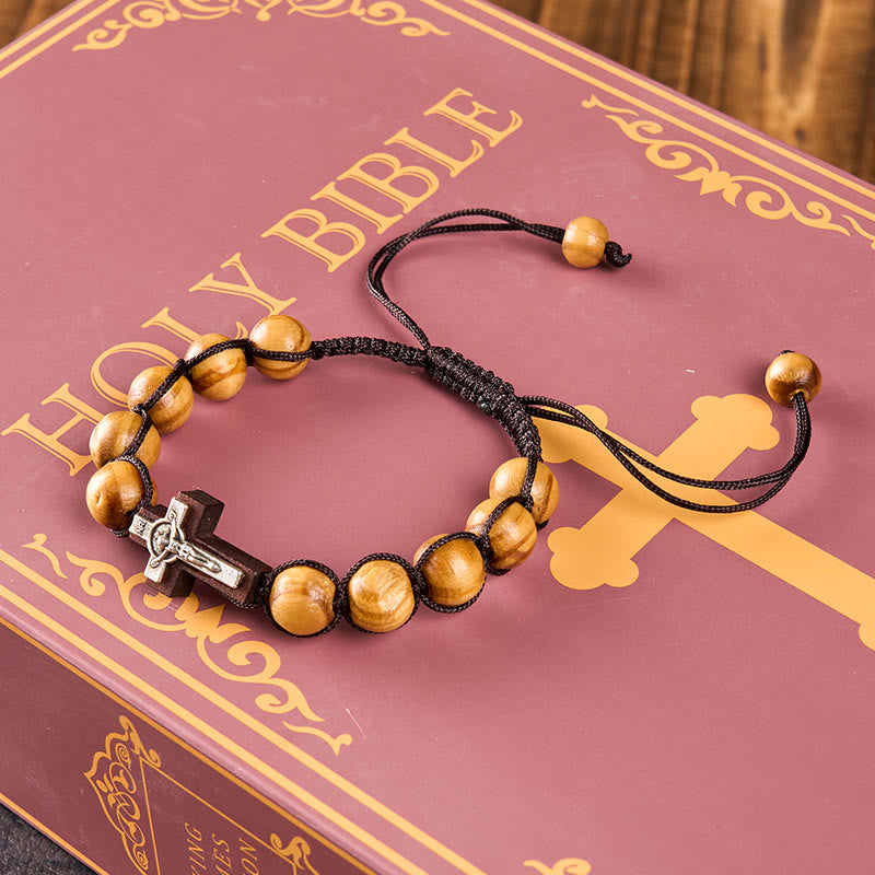 FREE Today: Jesus Bless Us Crucifix Round Beads Wenge/Pine Wooden Bracelet