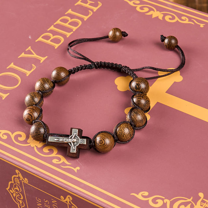 FREE Today: Jesus Bless Us Crucifix Round Beads Wenge/Pine Wooden Bracelet