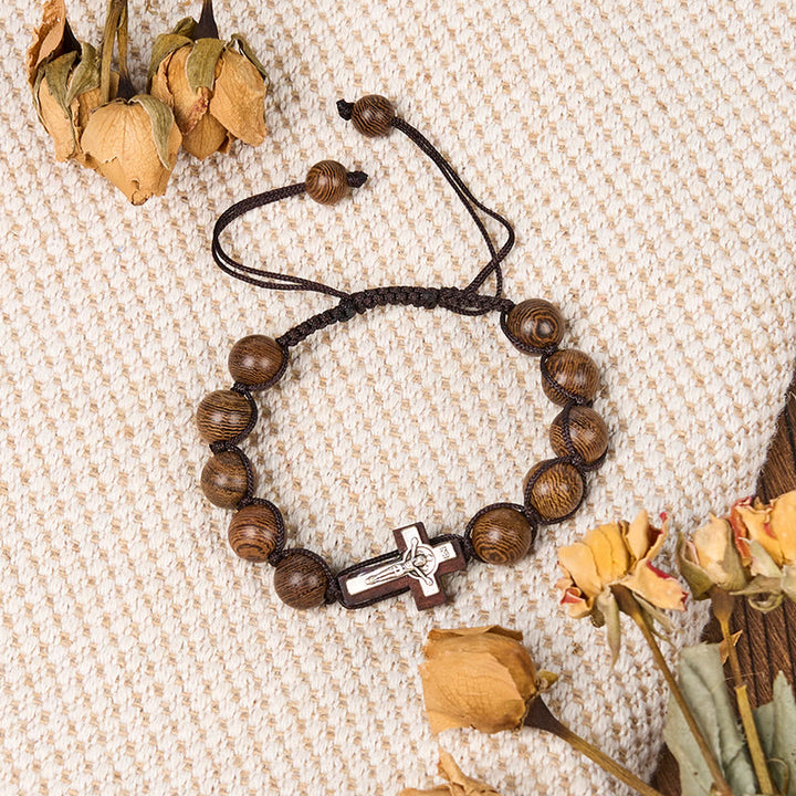 FREE Today: Jesus Bless Us Crucifix Round Beads Wenge/Pine Wooden Bracelet