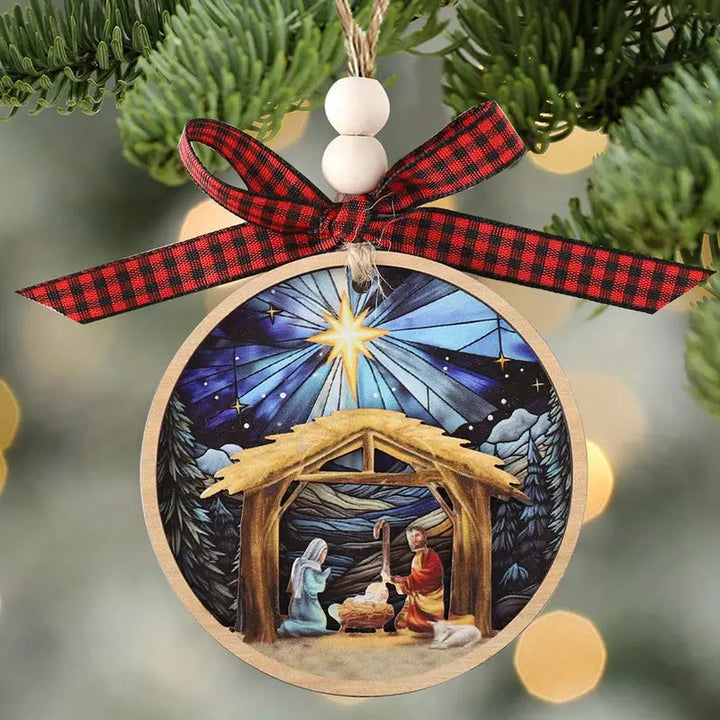 Christianartworkshop Colored Style Holy Family Star Snow Nativity Scene Christmas Nativity Hanging Ornaments