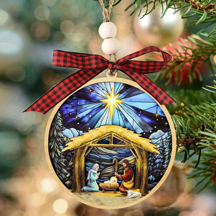 Christianartworkshop Colored Style Holy Family Star Snow Nativity Scene Christmas Nativity Hanging Ornaments