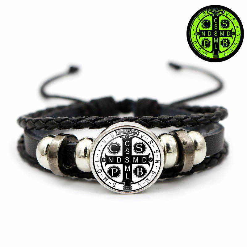 Discount Today: Different Style of St. Benedict Symbol Glow in Night Adjustable Leather Bracelet