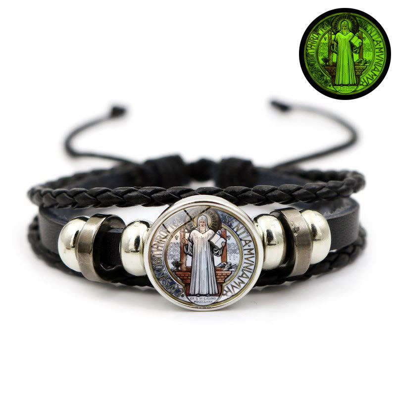 Discount Today: Different Style of St. Benedict Symbol Glow in Night Adjustable Leather Bracelet