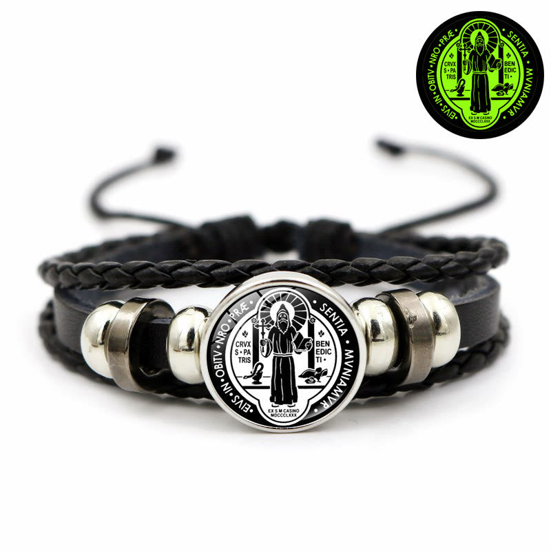 Discount Today: Different Style of St. Benedict Symbol Glow in Night Adjustable Leather Bracelet