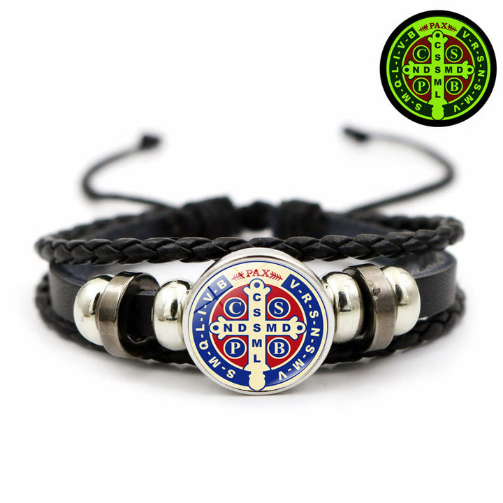 Discount Today: Different Style of St. Benedict Symbol Glow in Night Adjustable Leather Bracelet