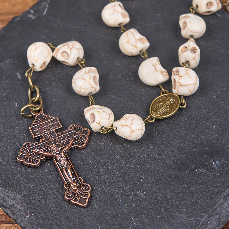 FREE Today: Saint Benedict & Crucifix of 8 mm White Pine Skull Alloy Chain Rosary Necklace