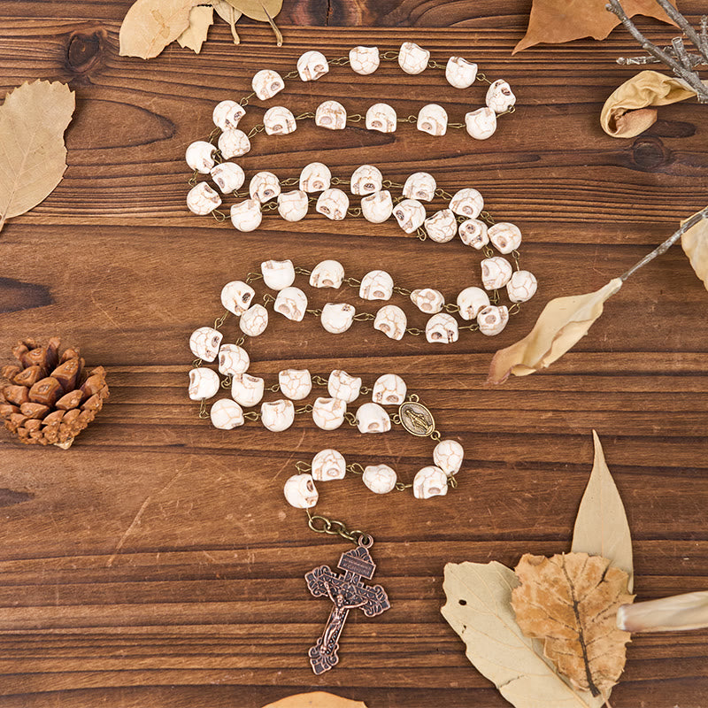 FREE Today: Saint Benedict & Crucifix of 8 mm White Pine Skull Alloy Chain Rosary Necklace