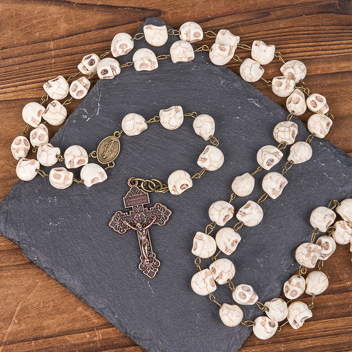 FREE Today: Saint Benedict & Crucifix of 8 mm White Pine Skull Alloy Chain Rosary Necklace