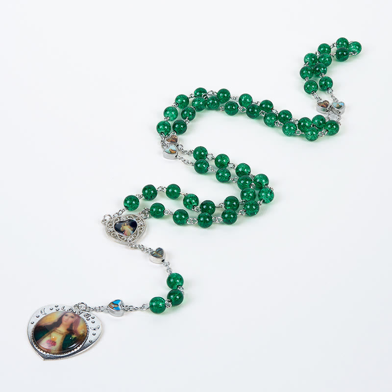 Christianartworkshop Jesus Mary Double-Sided Medal & Sacred Heart of Our Lady of 8mm Round Green Glass Alloy Chain Rosary