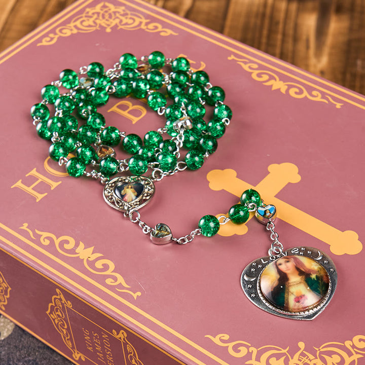 FREE Today: Jesus Mary Double-Sided Medal & Sacred Heart of Our Lady of 8mm Round Green Glass Alloy Chain Rosary