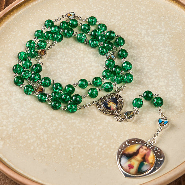 Christianartworkshop Jesus Mary Double-Sided Medal & Sacred Heart of Our Lady of 8mm Round Green Glass Alloy Chain Rosary