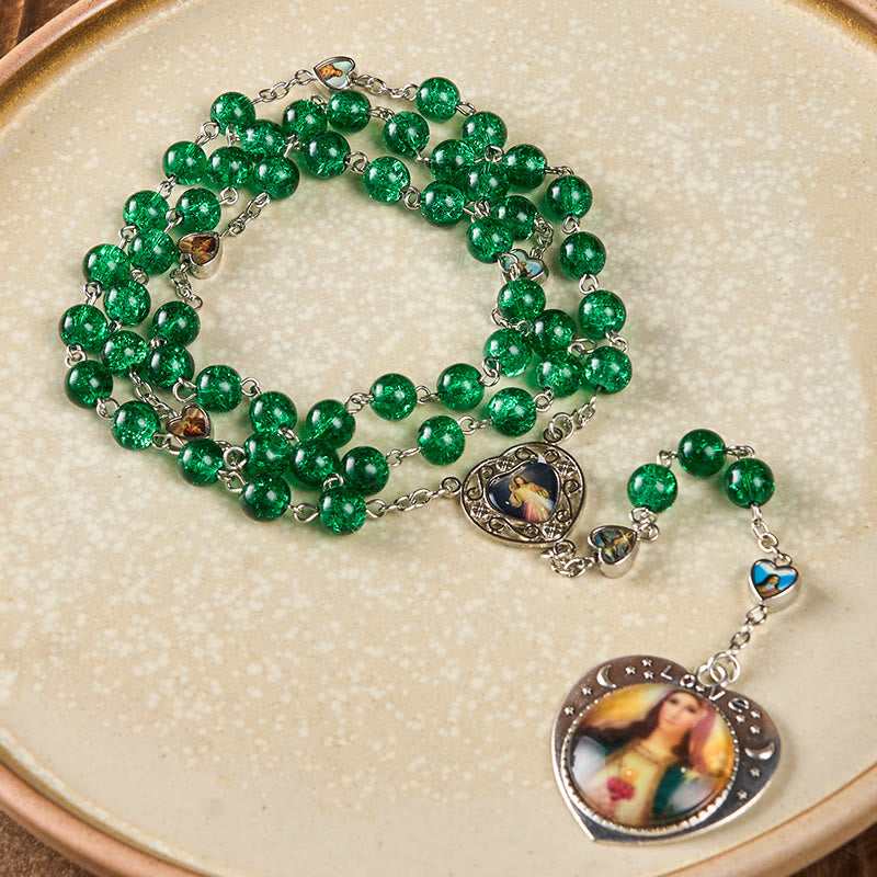 FREE Today: Jesus Mary Double-Sided Medal & Sacred Heart of Our Lady of 8mm Round Green Glass Alloy Chain Rosary