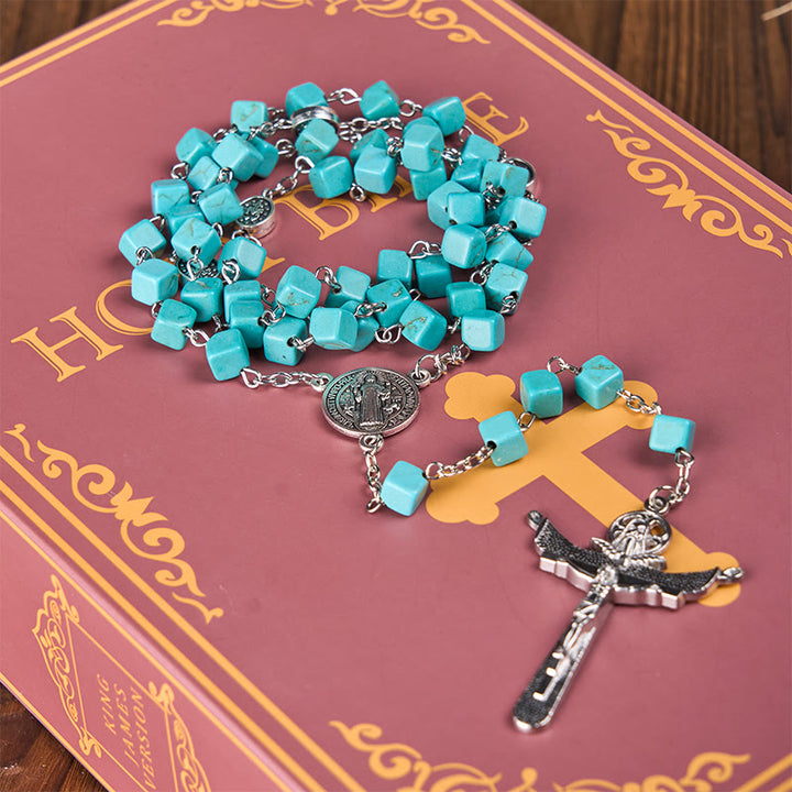 Christianartworkshop 2 Style Irregular Beads Turquoise Alloy Chain Rosary with Our Lady/St. Benedict Medal