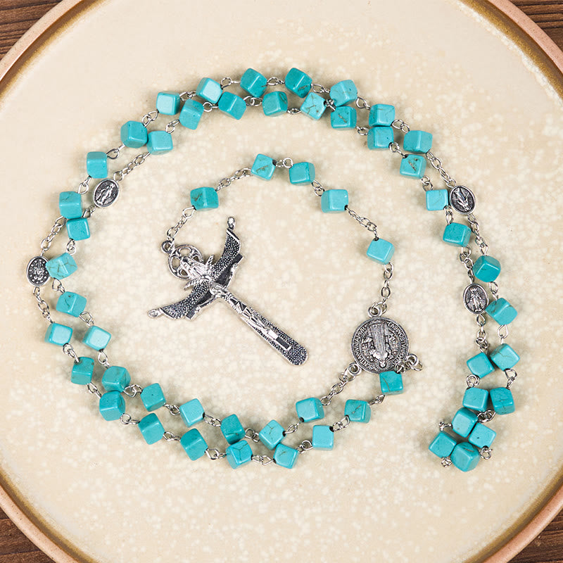 Christianartworkshop 2 Style Irregular Beads Turquoise Alloy Chain Rosary with Our Lady/St. Benedict Medal