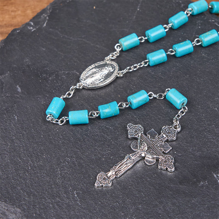 FREE Today: 2 Style Irregular Beads Turquoise Alloy Chain Rosary with Our Lady/St. Benedict Medal