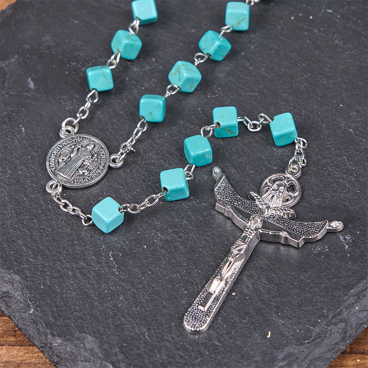 FREE Today: 2 Style Irregular Beads Turquoise Alloy Chain Rosary with Our Lady/St. Benedict Medal