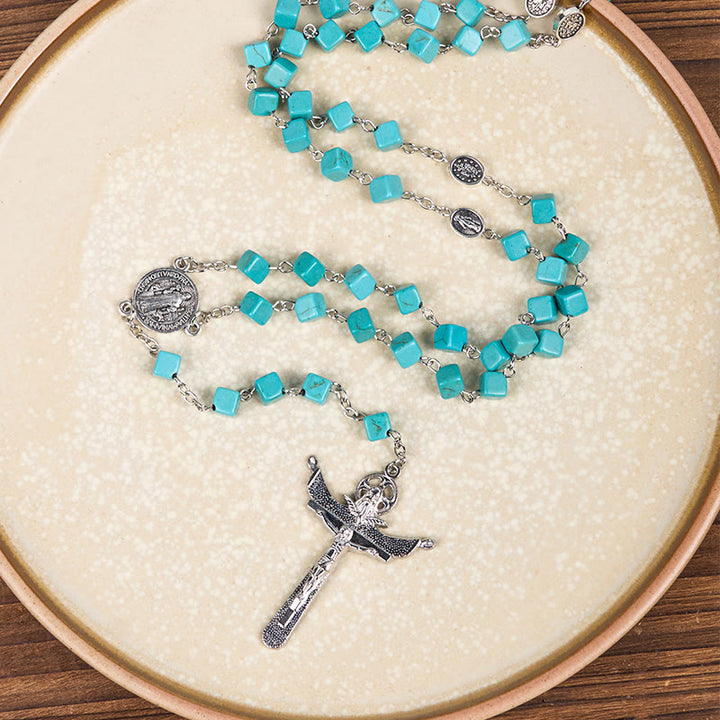 Christianartworkshop 2 Style Irregular Beads Turquoise Alloy Chain Rosary with Our Lady/St. Benedict Medal