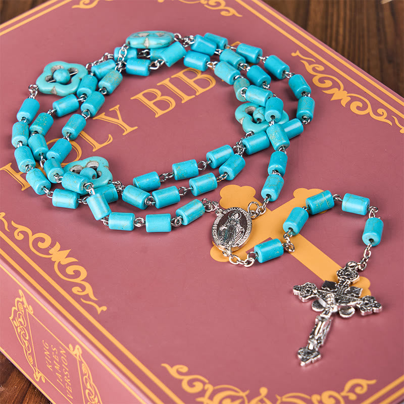 FREE Today: 2 Style Irregular Beads Turquoise Alloy Chain Rosary with Our Lady/St. Benedict Medal