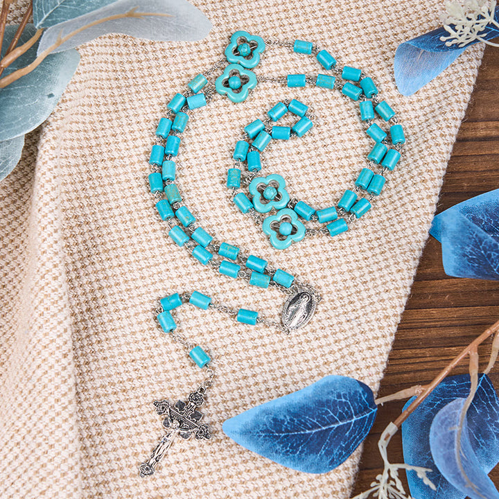 Christianartworkshop 2 Style Irregular Beads Turquoise Alloy Chain Rosary with Our Lady/St. Benedict Medal