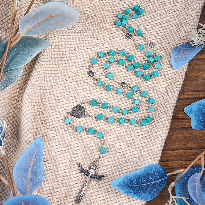 FREE Today: 2 Style Irregular Beads Turquoise Alloy Chain Rosary with Our Lady/St. Benedict Medal