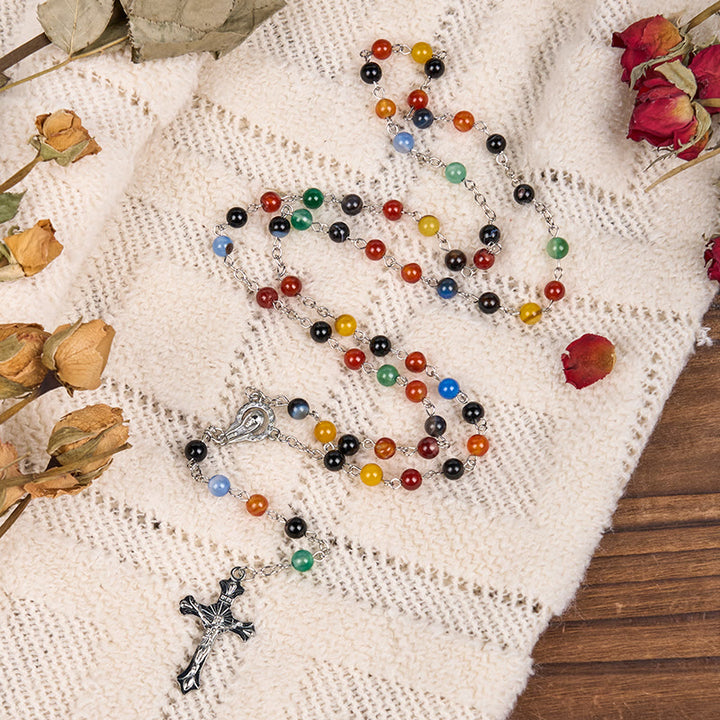 Christianartworkshop St. Benedict Medal & Crucifix of 6/8mm Round Multicolor Agate Alloy Chain Rosary