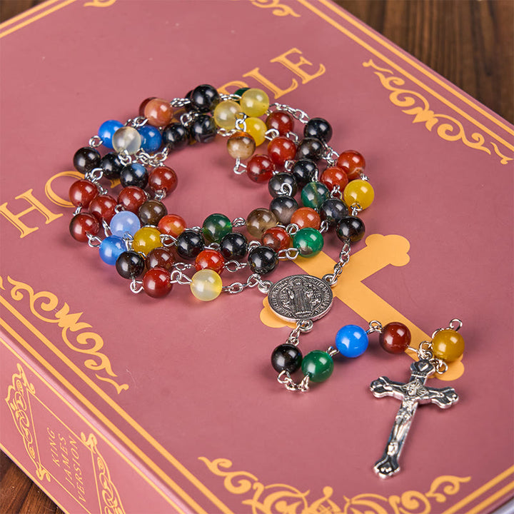 Christianartworkshop St. Benedict Medal & Crucifix of 6/8mm Round Multicolor Agate Alloy Chain Rosary
