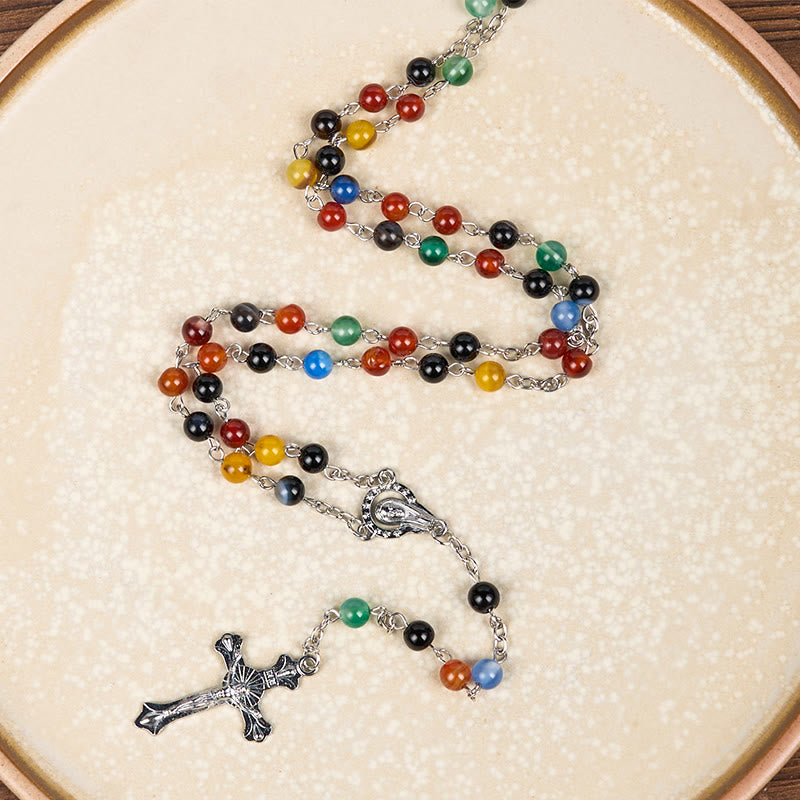 Christianartworkshop St. Benedict Medal & Crucifix of 6/8mm Round Multicolor Agate Alloy Chain Rosary