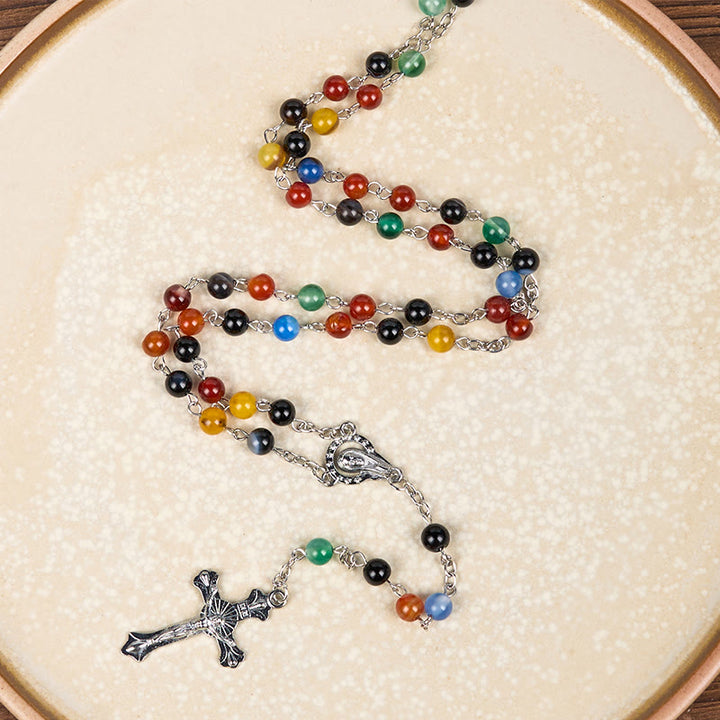 Christianartworkshop St. Benedict Medal & Crucifix of 6/8mm Round Multicolor Agate Alloy Chain Rosary