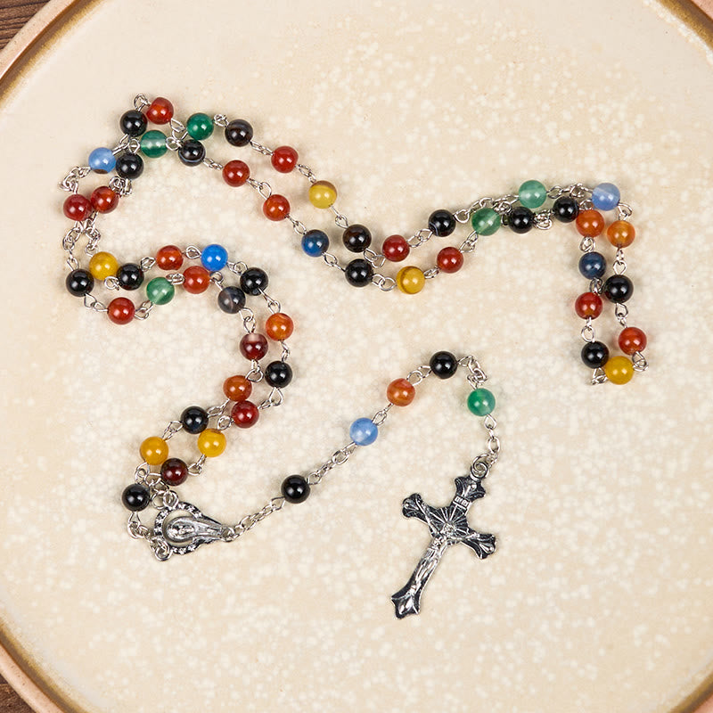 Christianartworkshop St. Benedict Medal & Crucifix of 6/8mm Round Multicolor Agate Alloy Chain Rosary