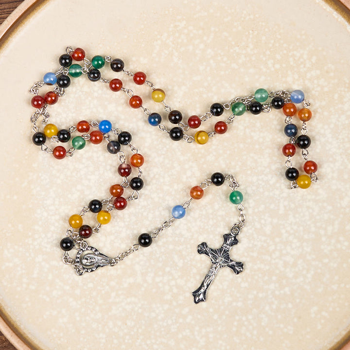 Christianartworkshop St. Benedict Medal & Crucifix of 6/8mm Round Multicolor Agate Alloy Chain Rosary