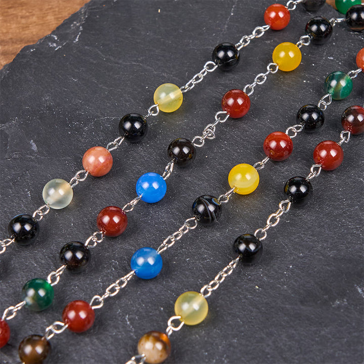 Christianartworkshop St. Benedict Medal & Crucifix of 6/8mm Round Multicolor Agate Alloy Chain Rosary