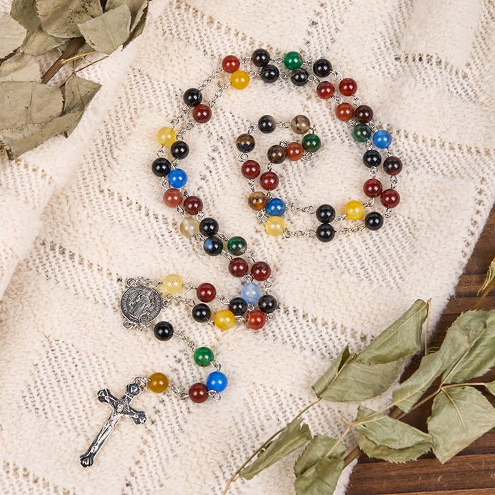 Christianartworkshop St. Benedict Medal & Crucifix of 6/8mm Round Multicolor Agate Alloy Chain Rosary
