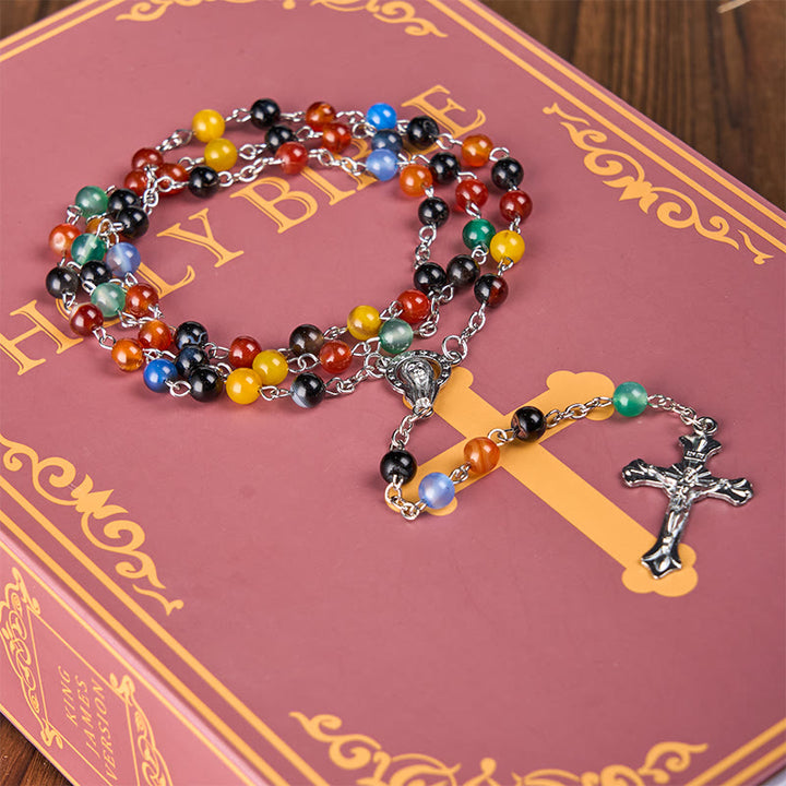 Christianartworkshop St. Benedict Medal & Crucifix of 6/8mm Round Multicolor Agate Alloy Chain Rosary