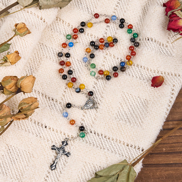 Christianartworkshop St. Benedict Medal & Crucifix of 6/8mm Round Multicolor Agate Alloy Chain Rosary