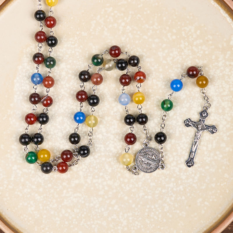 Christianartworkshop St. Benedict Medal & Crucifix of 6/8mm Round Multicolor Agate Alloy Chain Rosary