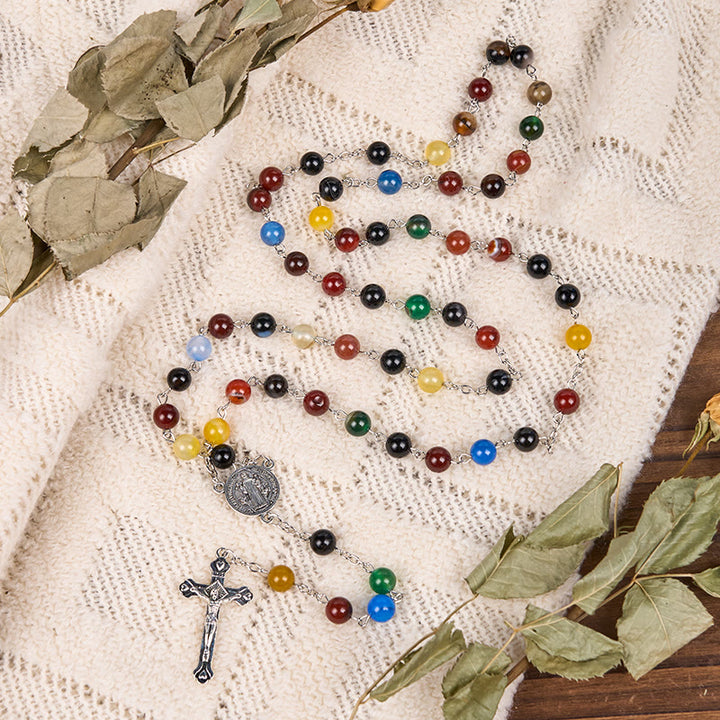 Christianartworkshop St. Benedict Medal & Crucifix of 6/8mm Round Multicolor Agate Alloy Chain Rosary