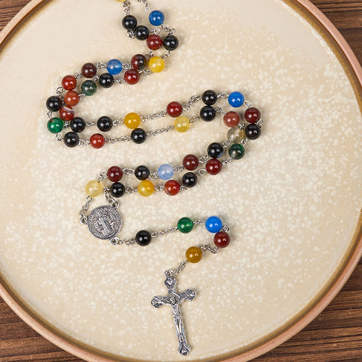 Christianartworkshop St. Benedict Medal & Crucifix of 6/8mm Round Multicolor Agate Alloy Chain Rosary