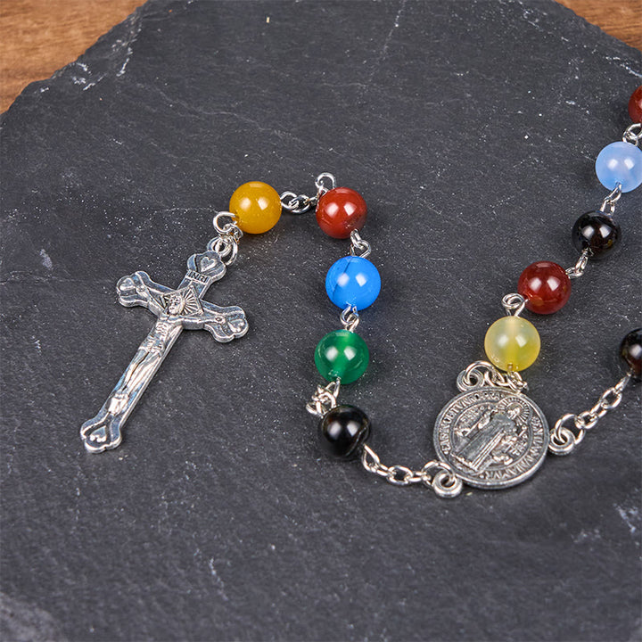 Christianartworkshop St. Benedict Medal & Crucifix of 6/8mm Round Multicolor Agate Alloy Chain Rosary