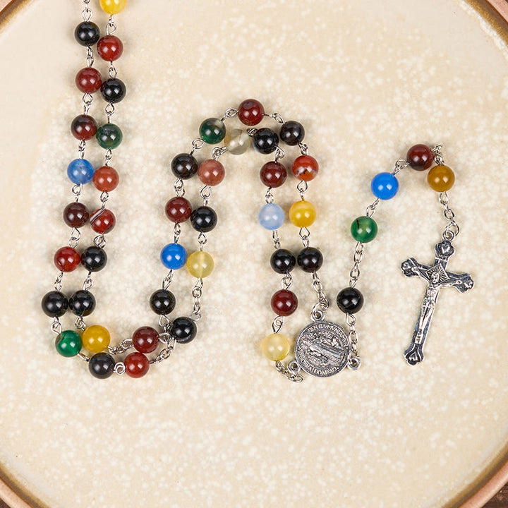 FREE Today: St. Benedict Medal & Crucifix of 6/8mm Round Multicolor Agate Alloy Chain Rosary